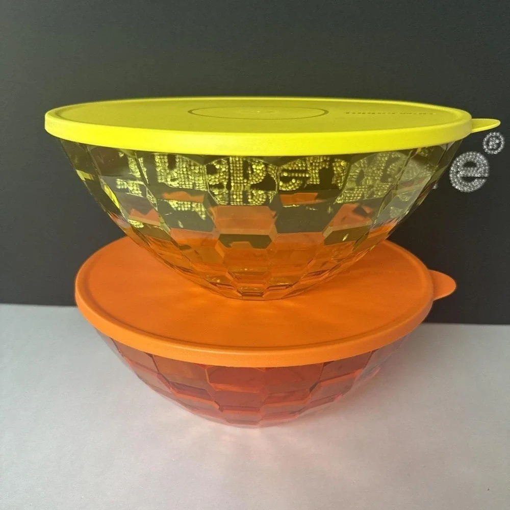 Tupperware Acrylic Ice Prism Salad Bowls 3.5L Orange And Yellow Set Of 2 New